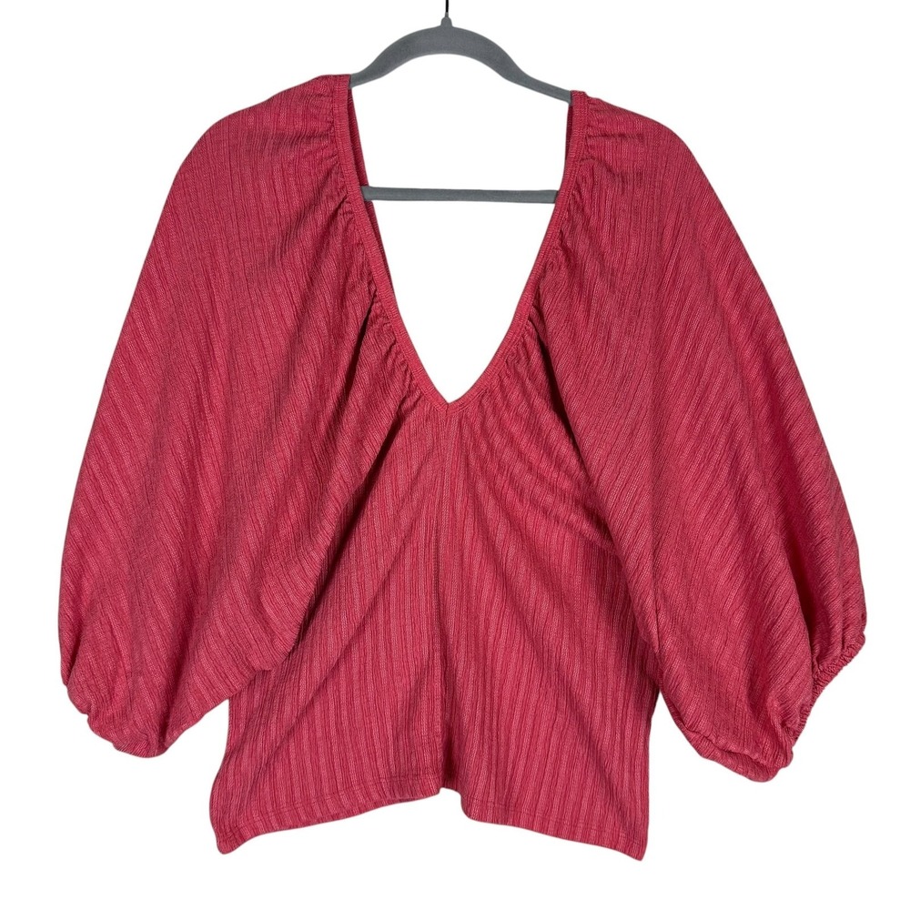 Zara Blouse Womens Medium Pink V Neck Kimono 3/4 Balloon Sleeve Knit Top